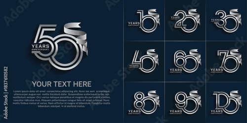 Anniversary logo style double line number set. silver color and ribbon for celebration event