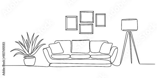 Minimalist living room interior sketch with sofa, potted plant, floor lamp, and picture frames on the wall, isolated on continuous one line art of vector illustration