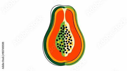 Vibrant Half Papaya Fruit Illustration with Black Seeds.