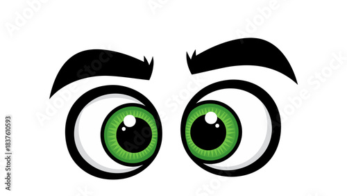 Close Up of Bright Green Cartoon Eyes Looking Upward Against a Solid Black Background with White Sclera and Detailed Irises