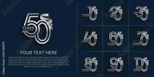 Anniversary logo style double line number set. silver color and ribbon for celebration event