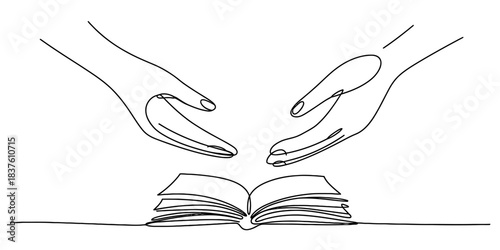 Continuous line drawing of two hands reaching towards an open book, isolated on continuous one line art of vector illustration