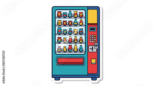 Colorful cartoon-style vending machine filled with various cartoon drinks and snacks against a black background