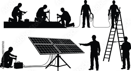 Professional solar panel installation, maintenance, and repair workers silhouettes, renewable energy engineers teamwork, photovoltaic system power generation technician servicing sustainable 