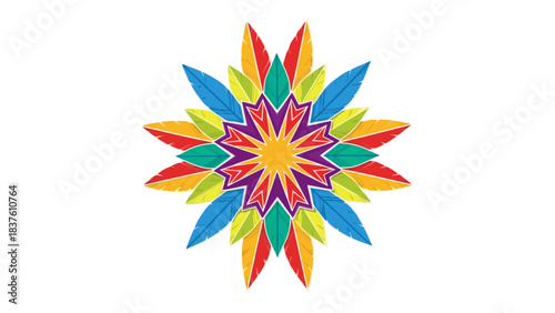 Colorful Geometric Mandala Flower Design with Vibrant Rainbow Petals and White Outlines on Black Background Abstract Art
