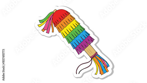 Colorful Rainbow Striped Traditional Pinata With Hanging Tassels Ready for Celebration and Party Fun Against a Black Background with White Outline and Subtle Shadow