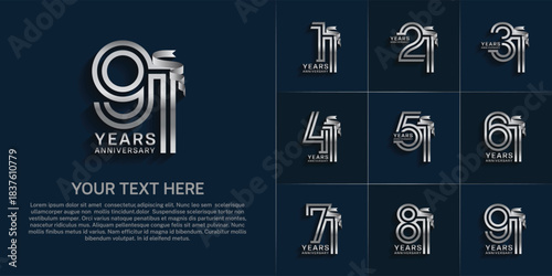 Anniversary logo style double line number set. silver color and ribbon for celebration event