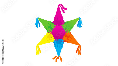 Colorful Star Shaped Pinata Decoration With Tassels And Streamers Isolated On Black Background Ready For Celebration Party Festivities