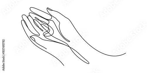 One continuous line drawing of two cupped hands held together, open palms facing up, gesture of receiving or offering, isolated on continuous one line art of vector illustration