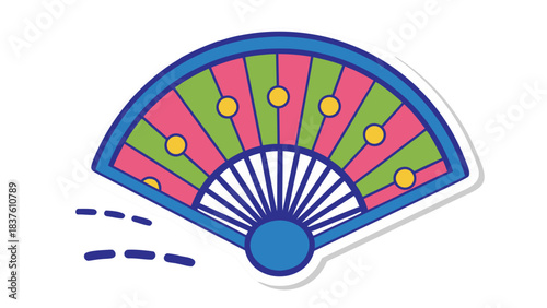 Colorful Folding Fan With Pink Green And Blue Sections And Yellow Dots On A White Background