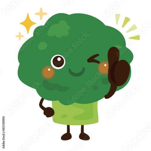 グッドサインを出すブロッコリーのキャラクターイラスト／Cute Broccoli Character Illustration Giving a Thumbs-Up