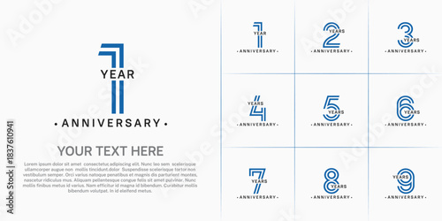 Anniversary logo style double line number set. black and blue color on white background for celebration event