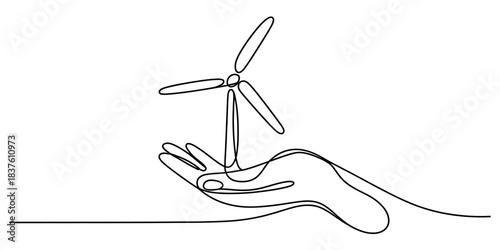 One line continuous drawing of a hand holding a wind turbine, symbolizing renewable energy and sustainability, isolated on continuous one line art of vector illustration
