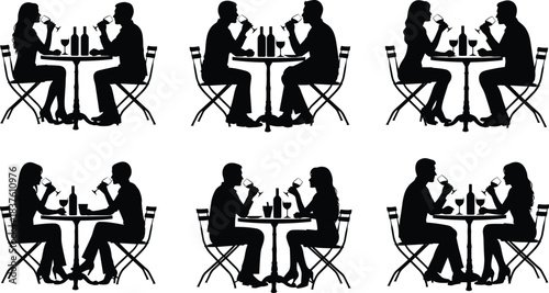 Romantic silhouette couple dining outdoors enjoying wine together at a cafe restaurant table, celebrating special anniversary date night moment for two. (24 words)