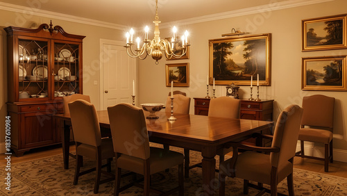 Elegant traditional dining room with dark wood furniture and chandelier interior Christmas