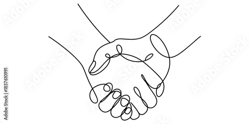 One line drawing of a handshake, agreement, partnership, or business deal concept, isolated on continuous one line art of vector illustration