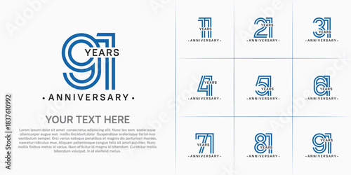 Anniversary logo style double line number set. black and blue color on white background for celebration event