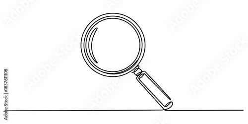 Single line drawing of a magnifying glass on a white background, symbolizing search, discovery, and investigation with minimalist elegance and clarity for research purposes. Vector, illustration