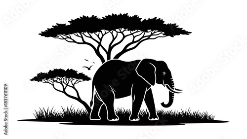 African elephant walking under acacia tree silhouette with birds in sky, minimalist style