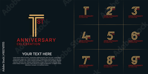 Anniversary logo style double line number set. gold and red color on dark background for celebration event