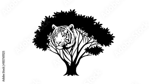 Silhouette of tiger face emerging from stylized tree branches and leaves, black and white.