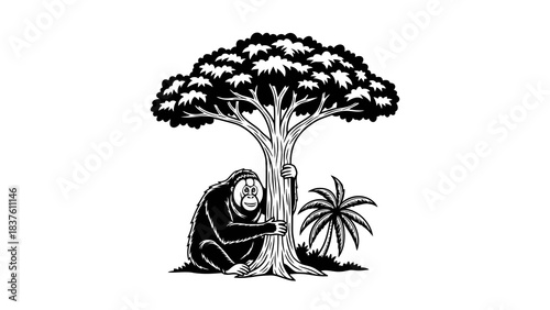 Orangutan hugging a large tree with a palm tree nearby, black and white illustration.