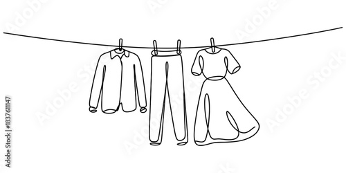 Minimalist line art illustration of a shirt, pants, and dress drying on a clothesline, representing laundry day and simple living concepts. Vector, illustration