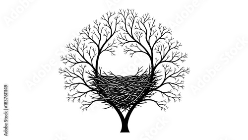 Stylized tree branches form a heart shape embracing a nest, symbolizing home, family, nature