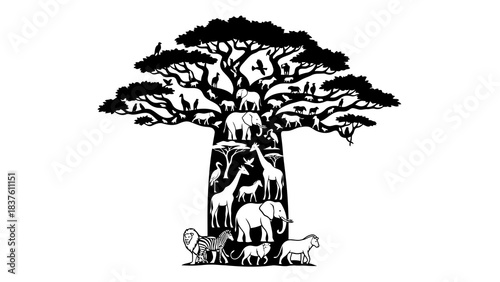 African savanna wildlife silhouette art on baobab tree graphic design illustration