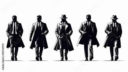 Five men in trench coats and hats walking in a line.