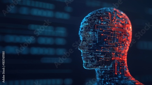 A digital silhouette of a human head composed of intricate circuits and glowing lines, symbolizing the intersection of technology and humanity.
