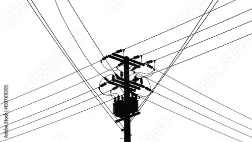 Title: Electric utility power pole with tangled network of overhead transmission and distribution wires, transformer, and insulators silhouetted against a white background; vector illustration of 