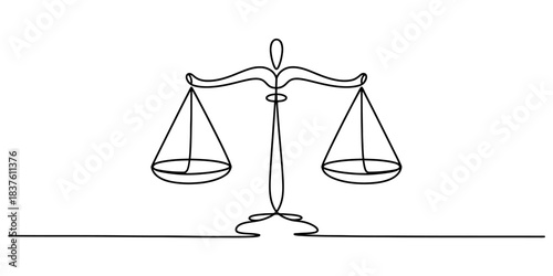 Continuous line drawing of scales of justice symbol, representing balance, law, equality, and fairness in a minimalist art style. Vector, illustration