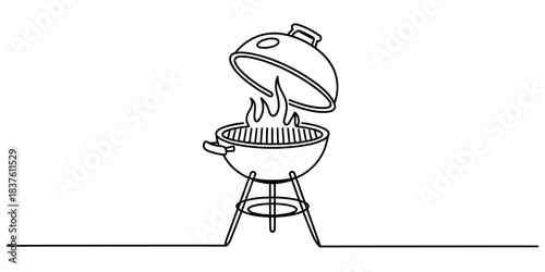 Continuous line drawing of a charcoal barbecue grill with open lid and burning flames inside, perfect for outdoor cooking events Vector, illustration