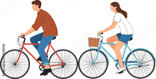 Vector Flat Illustration of Young Man and Woman Cycling Outdoors on Bicycles, Couple Riding Bikes Together for Active Lifestyle, Eco-Friendly Urban Transport, Health, Fitness and Recreation Concept