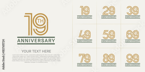 Anniversary logo style double line number set. brown and green color on white background for celebration event