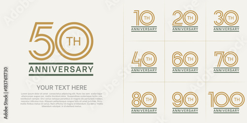 Anniversary logo style double line number set. brown and green color on white background for celebration event
