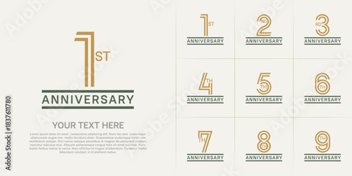 Anniversary logo style double line number set. brown and green color on white background for celebration event