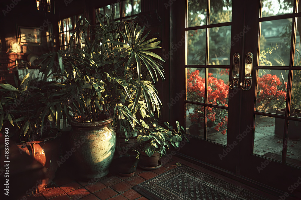 Obraz premium A cozy indoor scene featuring lush plants near glass doors, allowing natural light to illuminate the vibrant flowers outside.