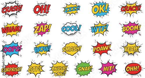 Vibrant, Retro Comic Book Speech Bubbles and Sound Effects Set, Action Cartoon Explosion Stickers, Pop Art Style Screaming Sounds, Dynamic, Bright Graphic Design Elements, Vector Illustration 