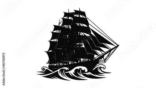 Vector illustration of black and white illustration of a large sailing ship with full sails on rough seas, isolated on white isolated on transparent background