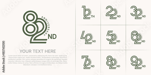 Anniversary logo style double line number set. green color on white background for celebration event