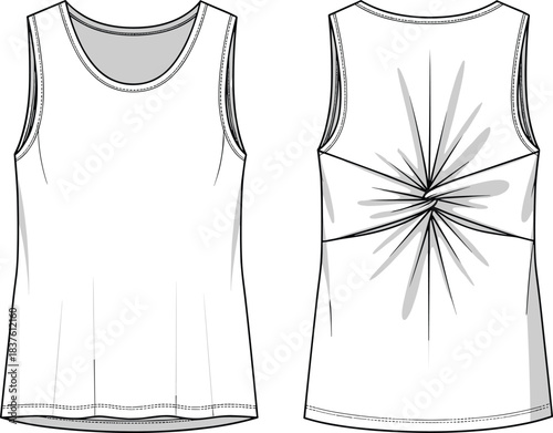 Women's technical fashion flat sketch vector design, sleeveless athletic tank top with gathered drape front detail, abstract starburst back seam manipulation, apparel template mockup for sportswear,
