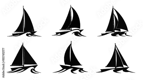 Vector illustration of set of six black and white sailboat icons on water waves isolated on transparent background