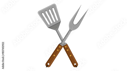 Crossed Barbecue Grill Spatula and Meat Fork With Wooden Handles Isolated on Black Background Detailed Illustration