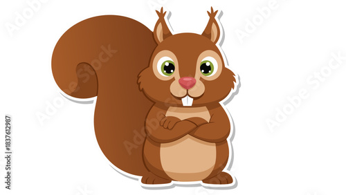 Cute Brown Squirrel with Big Green Eyes and Fluffy Tail Standing with Arms Crossed on a White Background Detailed Cartoon Illustration Vibrant Colors Playful Pose