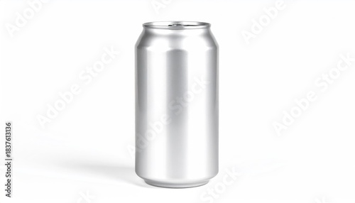 Silver aluminum can on white backdrop