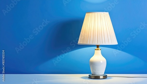 Illuminated table lamp with pleated shade, casting warm light against a blue wall