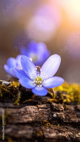 Close-up of delicate blue flower on mossy wood, sunlit background