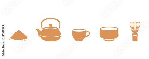 How to make matcha tea. Steps to prepare this classic Japanese drink. Icon for packaging design. Flat vector illustration on a white background. Includes green tea powder, pot, cup, bowl, and whisk.

